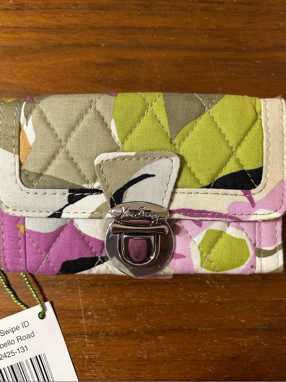 Vera Bradley Quilted Floral Wallet in Pink, Lime & Cream scan and go card slot - Picture 1 of 15